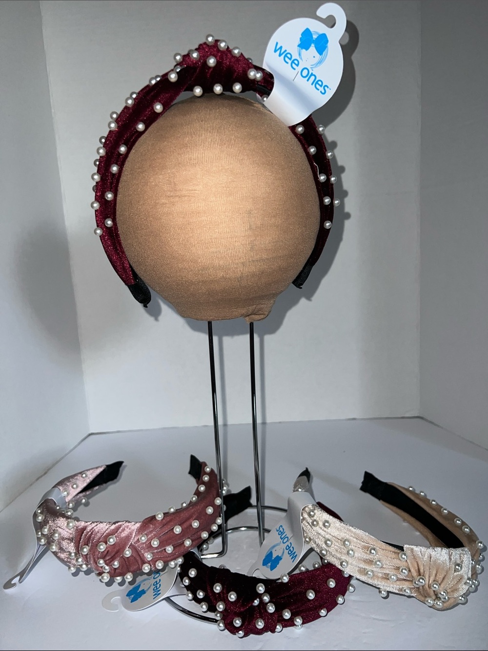 Wee Ones Velvet Pearl-Knotted Headband - Burgundy, Blush, Champagne specify colo